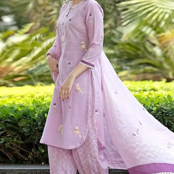 Women's Cotton Embroidered Straight Kurti with Pant and Dupatta Set