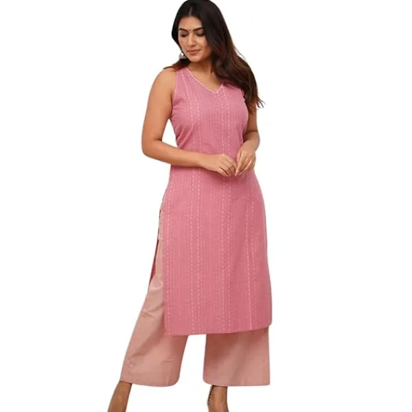 Women's Cotton Printed Sleeveless Straight Kurti with Pant Set