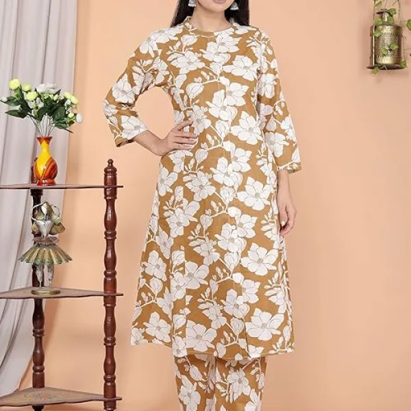 Womens Cotton Floral Printed Mandarin Collar A Line Kurti with Pant Brown