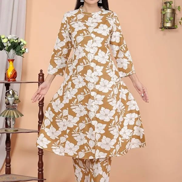 Womens Cotton Floral Printed Mandarin Collar A Line Kurti with Pant Brown