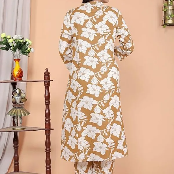 Womens Cotton Floral Printed Mandarin Collar A Line Kurti with Pant Brown