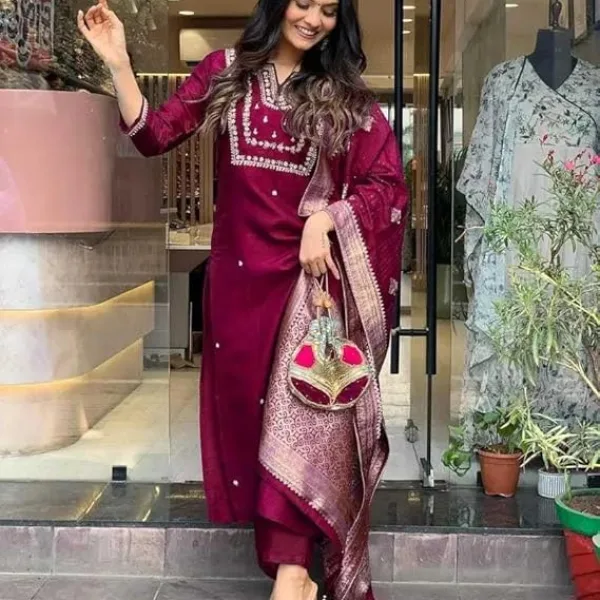 Women's Viscose Silk Heavy Embroidered Straight Kurta with Trouser & Banarasi Jacquard Dupatta Set