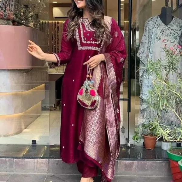 Women's Viscose Silk Heavy Embroidered Straight Kurta with Trouser & Banarasi Jacquard Dupatta Set