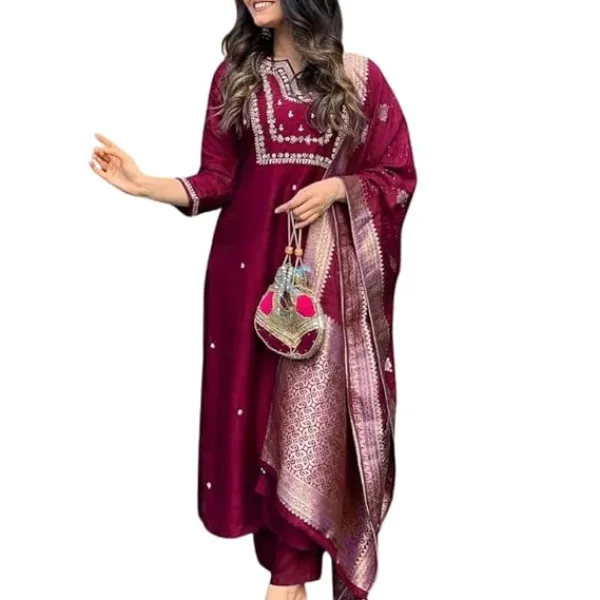 Women's Viscose Silk Heavy Embroidered Straight Kurta with Trouser & Banarasi Jacquard Dupatta Set
