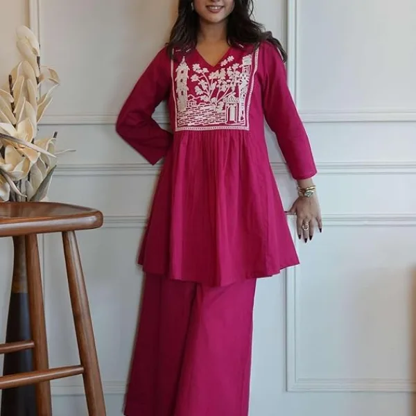 Women's Cotton Embroidered Short Anarkali Kurti with Pant