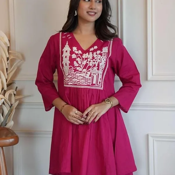 Women's Cotton Embroidered Short Anarkali Kurti with Pant