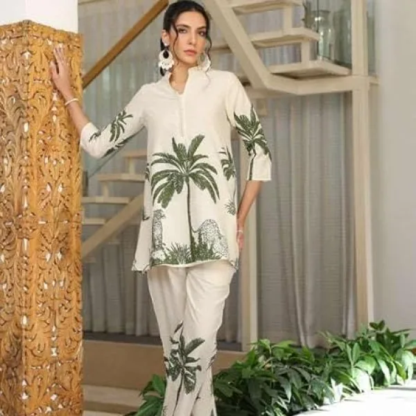 Women's Cotton Floral Printed Straight Short Kurti with Pant Set