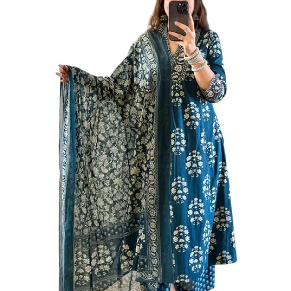 Women's Cotton Floral Printed Anazrkali Kurti with Pant & Dupatta Set