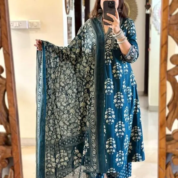Women's Cotton Floral Printed Anazrkali Kurti with Pant & Dupatta Set
