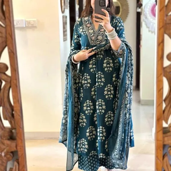 Women's Cotton Floral Printed Anazrkali Kurti with Pant & Dupatta Set