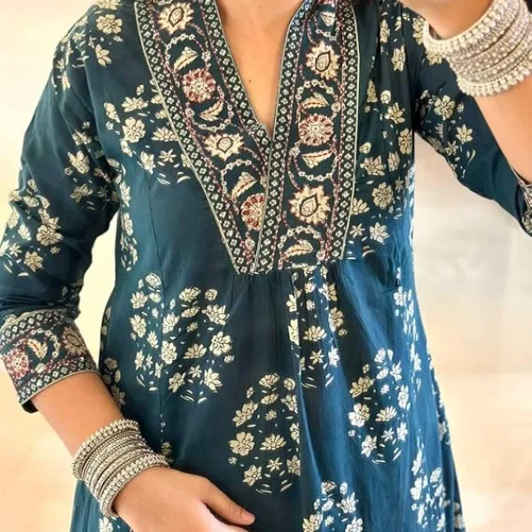 Women's Cotton Floral Printed Anazrkali Kurti with Pant & Dupatta Set