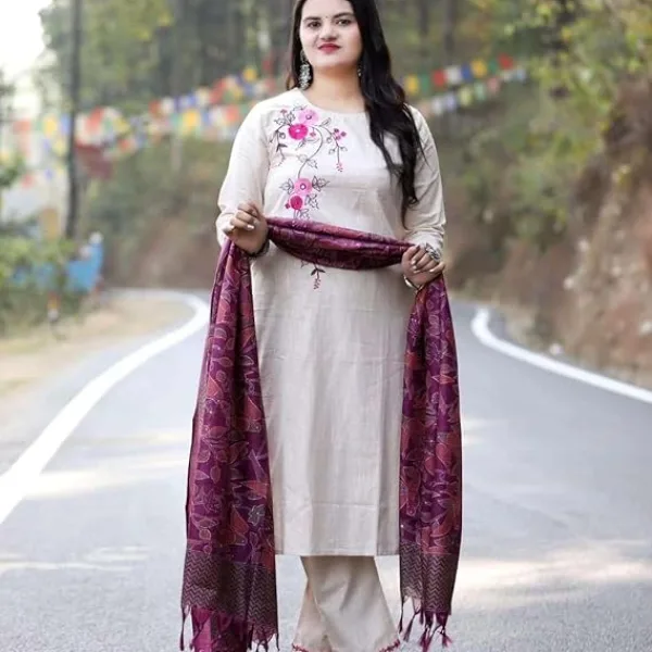 Women's Cotton Floral Printed Straight Kurti with Pant and Dupatta Set