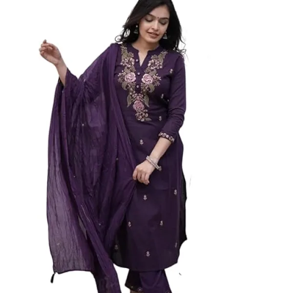 Women's Cotton Embroidery Work Straight Kurti with Pant & Mulmul Dupatta Set