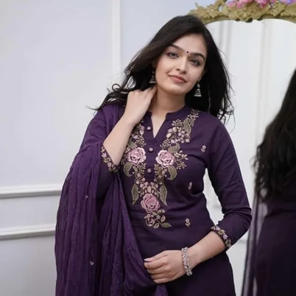 Women's Cotton Embroidery Work Straight Kurti with Pant & Mulmul Dupatta Set