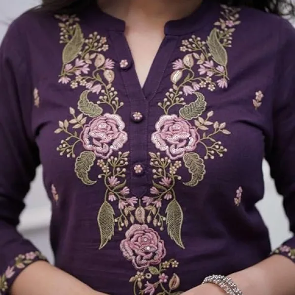 Women's Cotton Embroidery Work Straight Kurti with Pant & Mulmul Dupatta Set