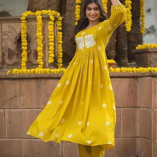 Women's Cotton Printed Long Anarkali Kurti with Pant