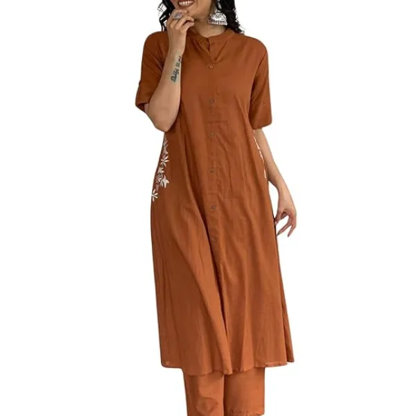Women's Cotton Printed A-Line Kurti with Pant Orange
