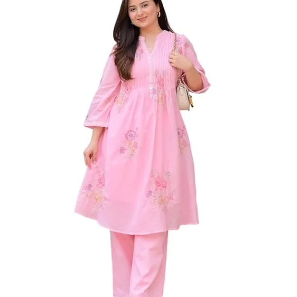 Women's Cotton Embroidery A-Line Kurti with Pant Set