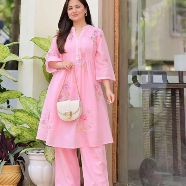 Women's Cotton Embroidery A-Line Kurti with Pant Set