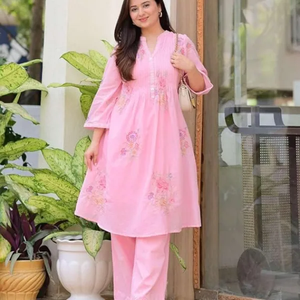 Women's Cotton Embroidery A-Line Kurti with Pant Set
