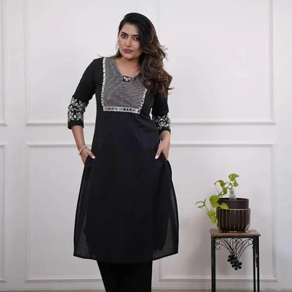 Women's Cotton Embroidery Straight Kurti with Pant Set