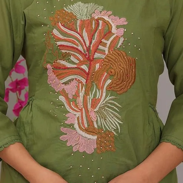 Women's Cotton Embroidery Straight Kurti with Pant Set