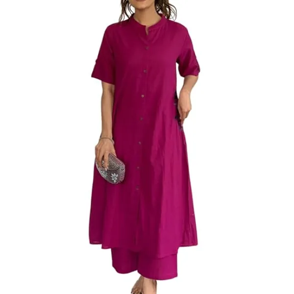 Women's Cotton Embroiderd Long A-Line Kurti with Palazzo