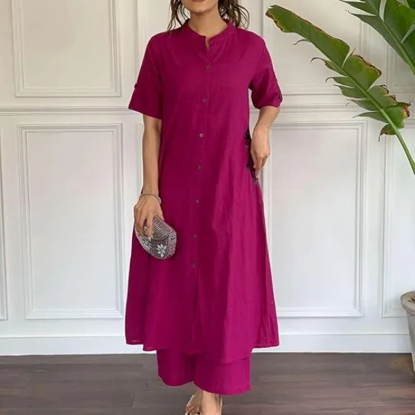 Women's Cotton Embroiderd Long A-Line Kurti with Palazzo