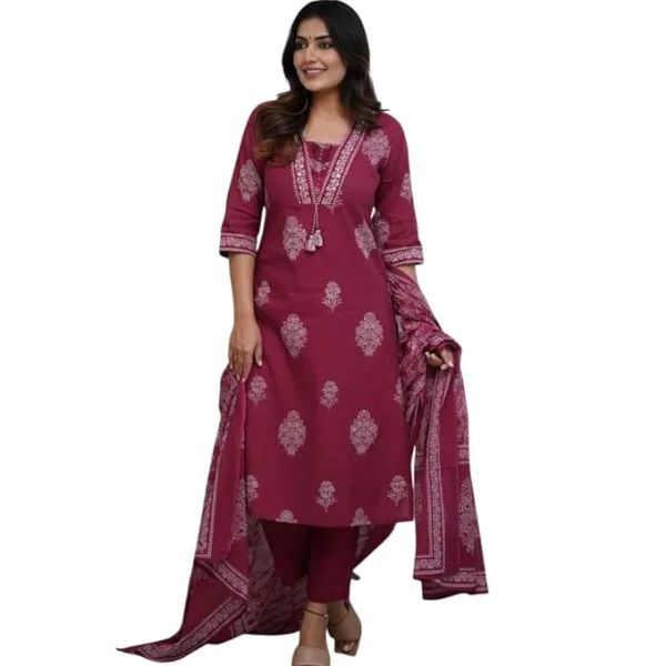 Women's Cotton Printed Straight Kurti with Pant & Dupatta Set Maroon
