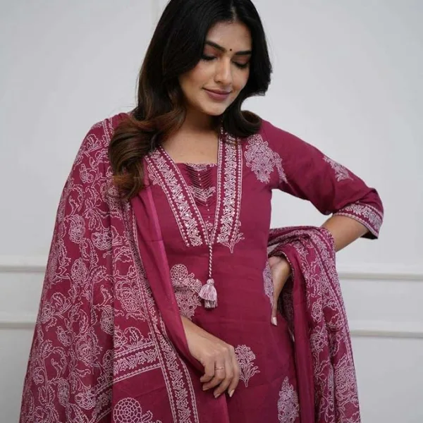 Women's Cotton Printed Straight Kurti with Pant & Dupatta Set Maroon