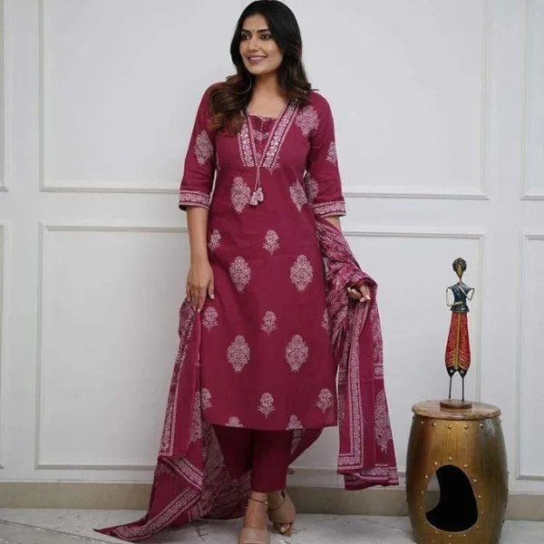 Women's Cotton Printed Straight Kurti with Pant & Dupatta Set Maroon
