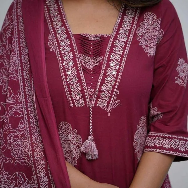 Women's Cotton Printed Straight Kurti with Pant & Dupatta Set Maroon