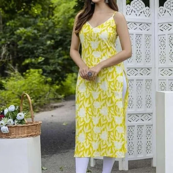 Women's Rayon Floral Printed Sleeveless Straight Kurti Set