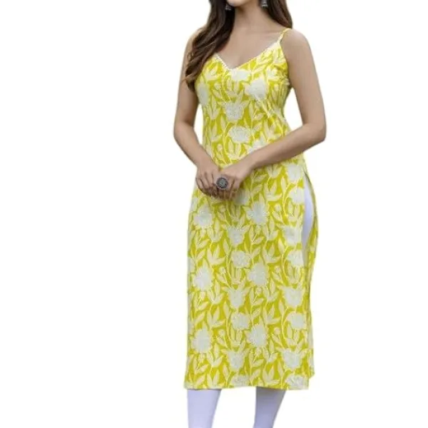 Women's Rayon Floral Printed Sleeveless Straight Kurti Set
