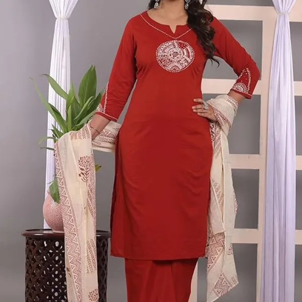 Women's Cotton Embroidery Straight Kurti with Pant Set