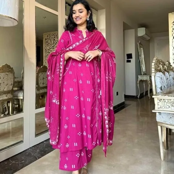 Women's Cotton Embroidered Anarkali Kurti with Pant and Dupatta Set