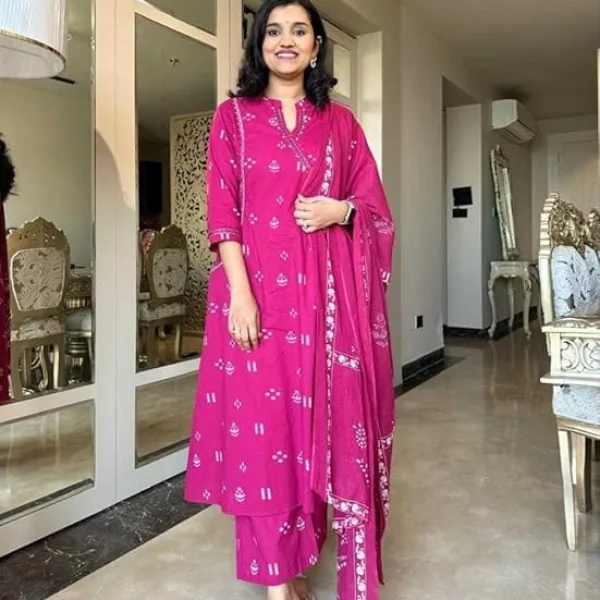 Women's Cotton Embroidered Anarkali Kurti with Pant and Dupatta Set
