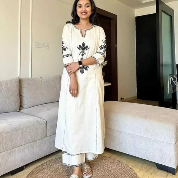 Women's Cotton Embroidered Straight Kurta with Palazzo