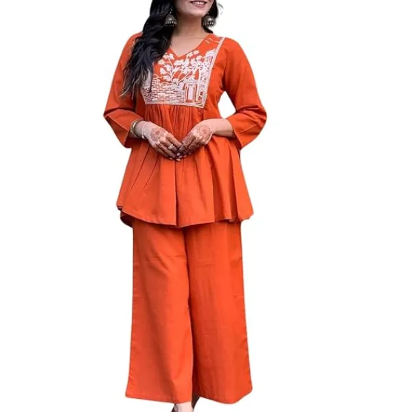 Women's Cotton Embroidered Flared Kurta with Pant Set Orange