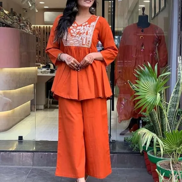 Women's Cotton Embroidered Flared Kurta with Pant Set Orange