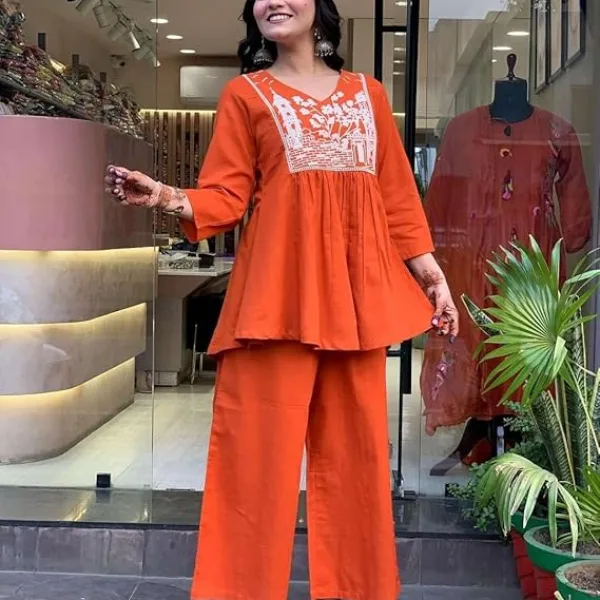 Women's Cotton Embroidered Flared Kurta with Pant Set Orange