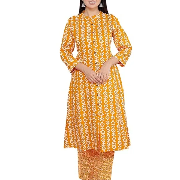 Women's Cotton Floral Printed Mandarin Collar A-Line Kurti with Pant