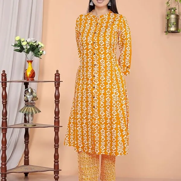 Women's Cotton Floral Printed Mandarin Collar A-Line Kurti with Pant