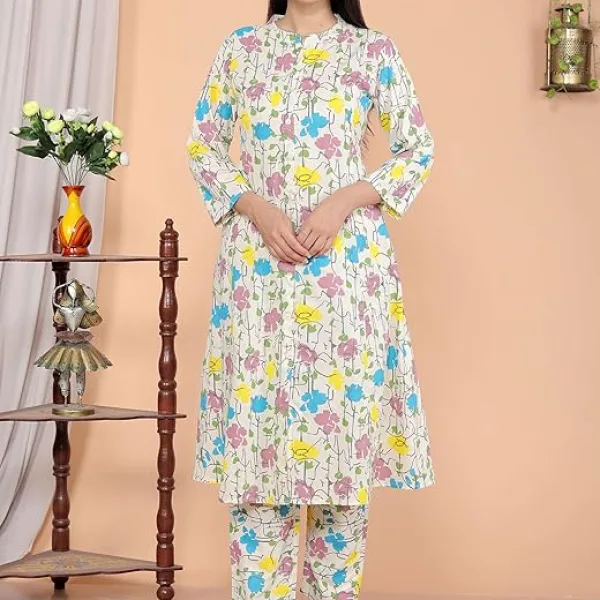 Women's Cotton Floral Printed Mandarin Collar A-Line Kurti with Pant