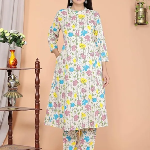 Women's Cotton Floral Printed Mandarin Collar A-Line Kurti with Pant