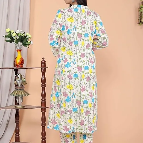 Women's Cotton Floral Printed Mandarin Collar A-Line Kurti with Pant