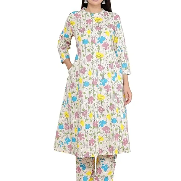 Women's Cotton Floral Printed Mandarin Collar A-Line Kurti with Pant
