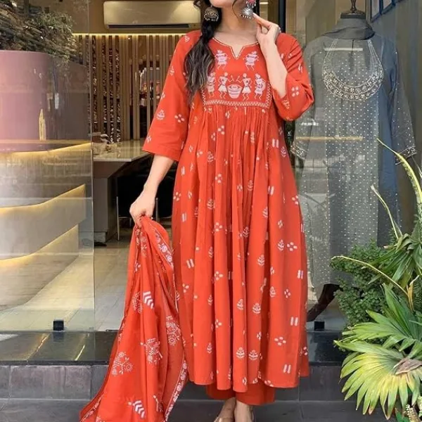 Women's Contton Floral Embroidered Round Neck Regular Kurti Pant Dupatta Set