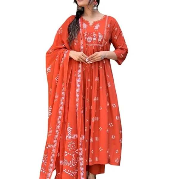 Women's Contton Floral Embroidered Round Neck Regular Kurti Pant Dupatta Set