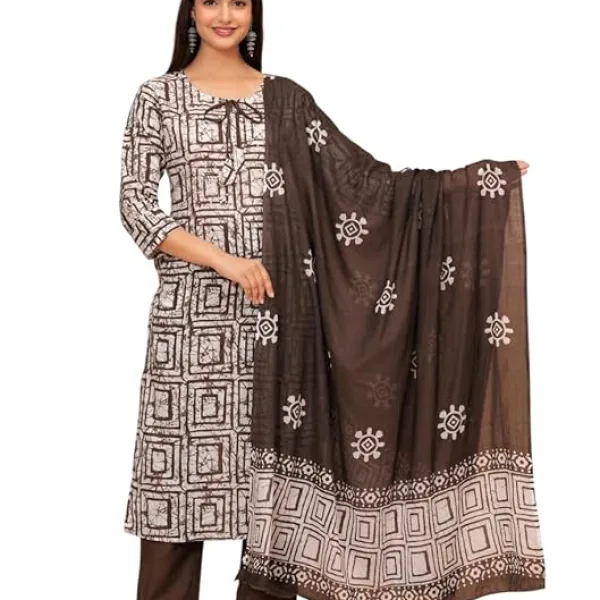 Women's Cotton Hand Block Printed Straight Kurti with Pant and Printed Dupatta